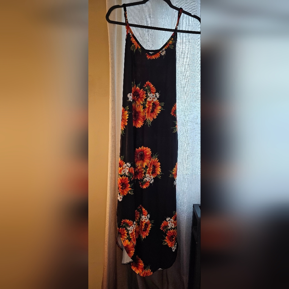 Floral Black and Orange Sunflower Maxi Dress WITH Pockets!